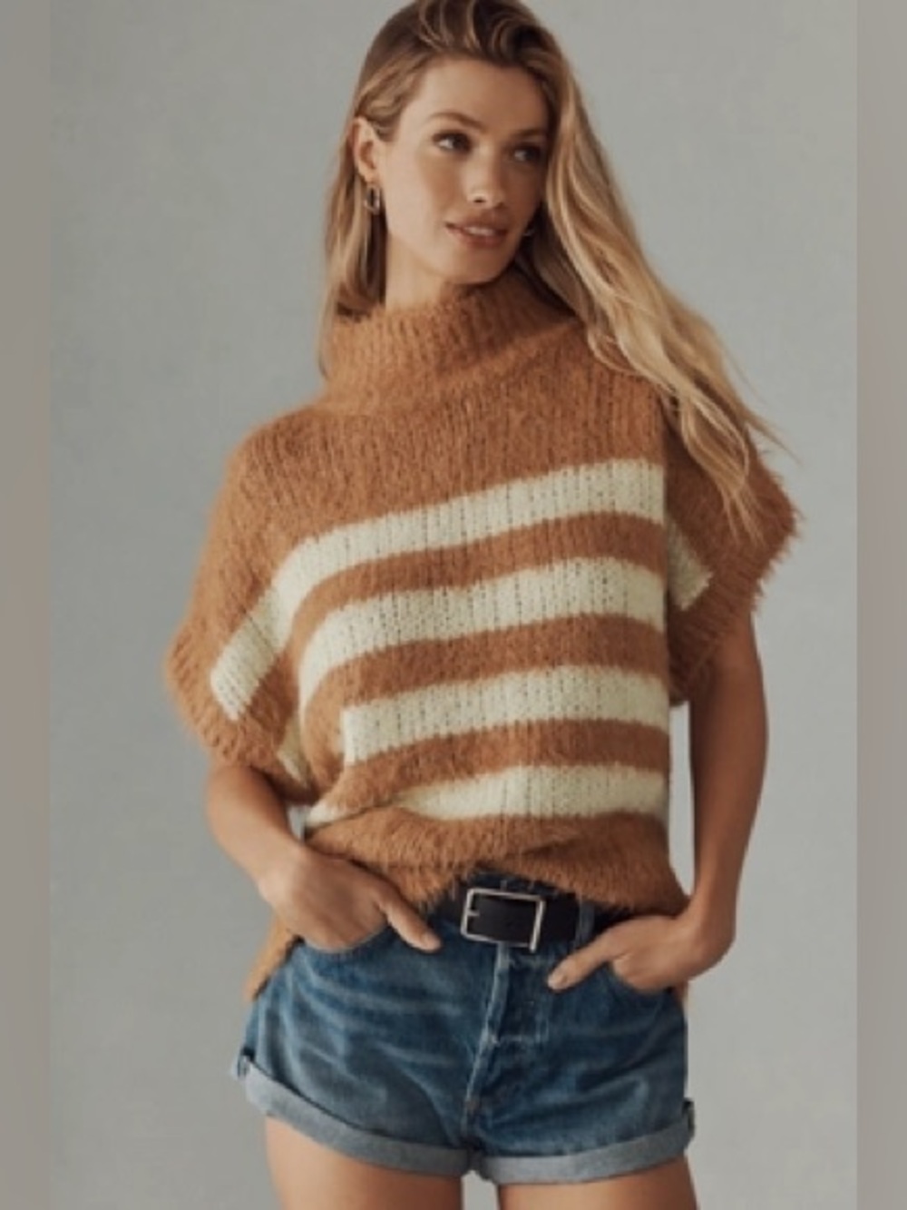 MP medium petite Anthropologie pilcro short sleeve stripe fuzzy sweater tan